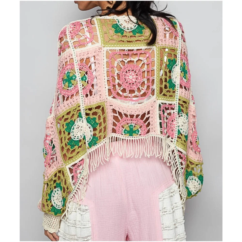 POL Multicolor Granny Square Fringe Hem Open Bottom Sweater Top - Picture 3 of 5